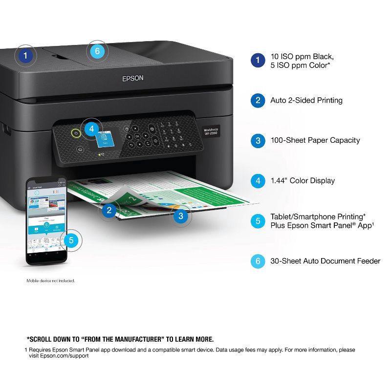 slide 4 of 6, Epson WorkForce WF-2930 Wireless All-in-One Color Inkjet Printer, Copier, Scanner - Black: Smartphone App, USB, Automatic 2-Sided Printing, 1 ct