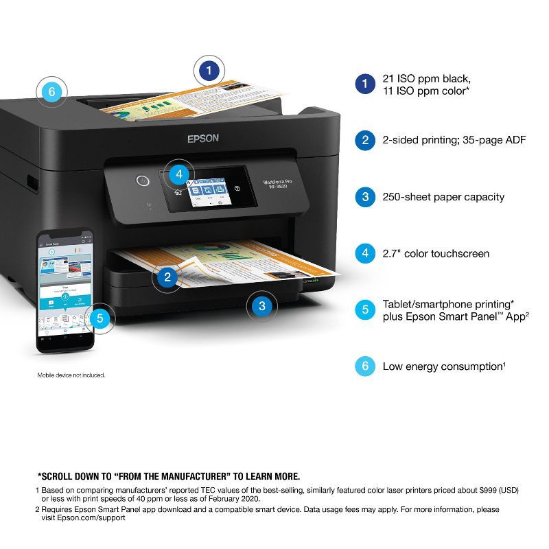 slide 4 of 7, Epson WorkForce Pro WF-3820 Wireless All-in-One Printer - Black: USB, Wi-Fi, AirPrint, 1 ct