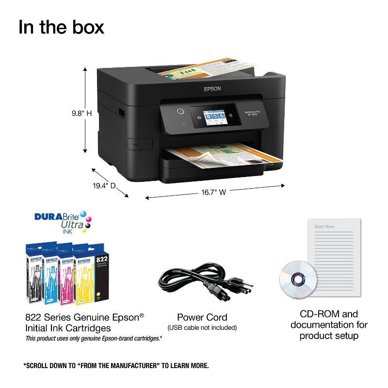 slide 5 of 7, Epson WorkForce Pro WF-3820 Wireless All-in-One Printer - Black: USB, Wi-Fi, AirPrint, 1 ct