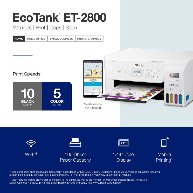 slide 5 of 9, Epson EcoTank ET-2800 Wireless Color All-in-One Cartridge-Free Supertank Printer: Inkjet, Wi-Fi, Apple AirPrint, 1 ct