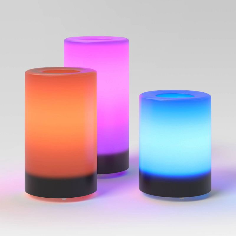 slide 2 of 5, 3pc AA LED Plastic Flameless Pillar Colorful Candles with Timer and Remote -Threshold™, 3 ct
