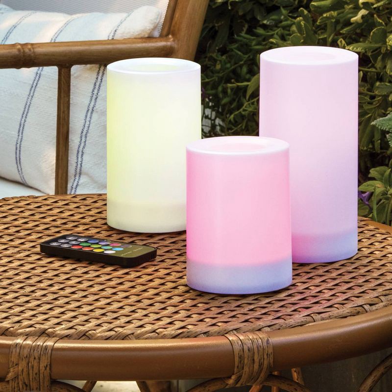 slide 3 of 5, 3pc AA LED Plastic Flameless Pillar Colorful Candles with Timer and Remote -Threshold™, 3 ct