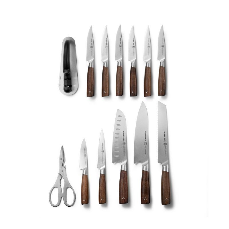 slide 2 of 6, Schmidt Bros Cutlery 14pc Knife Block Set Delta: Stainless Steel Blades, Wood Handles, Includes Sharpener & Steak Knives, 14 ct