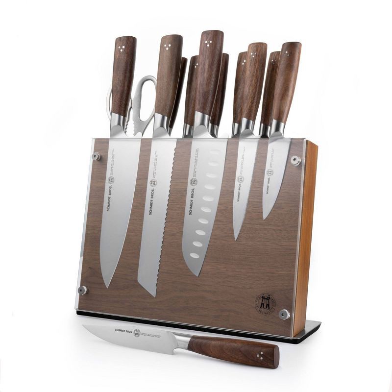 slide 1 of 6, Schmidt Bros Cutlery 14pc Knife Block Set Delta: Stainless Steel Blades, Wood Handles, Includes Sharpener & Steak Knives, 14 ct