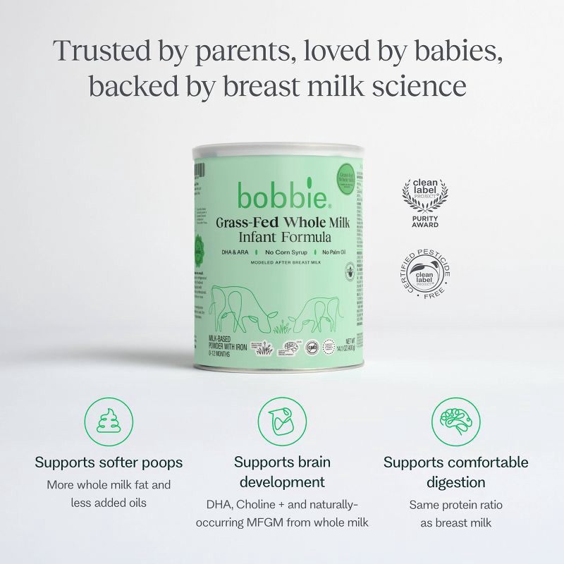 slide 4 of 7, Bobbie Grass Fed Whole Milk Infant Powdered Formula - 14oz, 14 oz