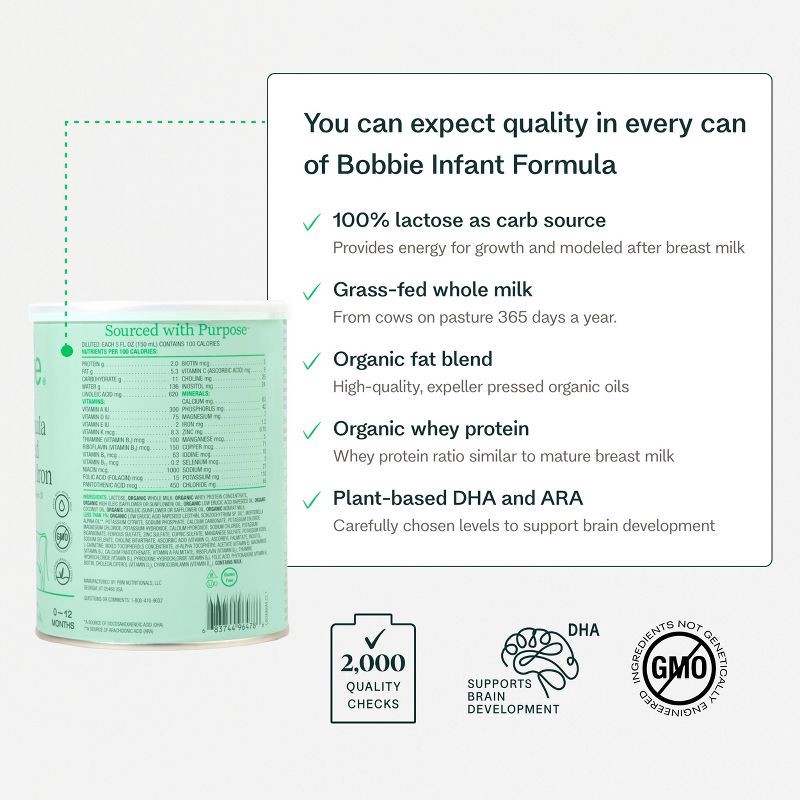 slide 5 of 6, Bobbie Grass Fed Whole Milk Infant Powdered Formula - 14oz, 14 oz