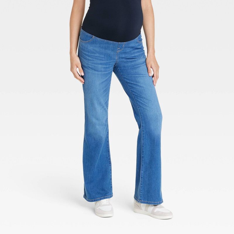 slide 1 of 5, Over Belly High-Rise Denim Flare Maternity Pants - Isabel Maternity by Ingrid & Isabel™ Medium Wash 8: Power Stretch, Machine Washable, 1 ct