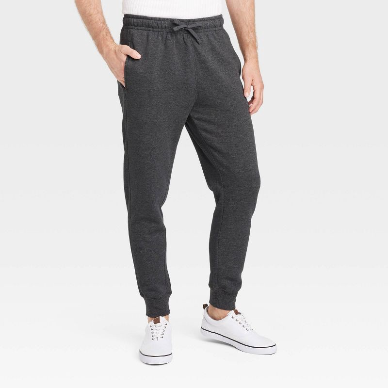 slide 1 of 5, Men's Fleece Jogger Pants - Goodfellow & Co™ Charcoal Gray M: Mid Rise, Adjustable Waistband, Tapered Leg, 1 ct