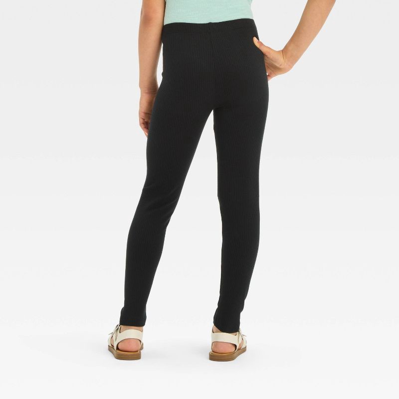 slide 2 of 3, Girls' Solid Ribbed Leggings - Cat & Jack™ Black M: High Rise, Slim Leg, Stretch, 22" Inseam, 1 ct