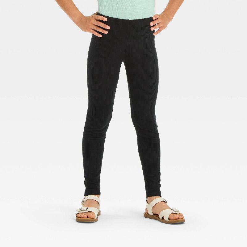 slide 1 of 4, Girls' Solid Ribbed Leggings - Cat & Jack™ Black L: High Rise, Slim Leg, Elastic Waistband, 1 ct