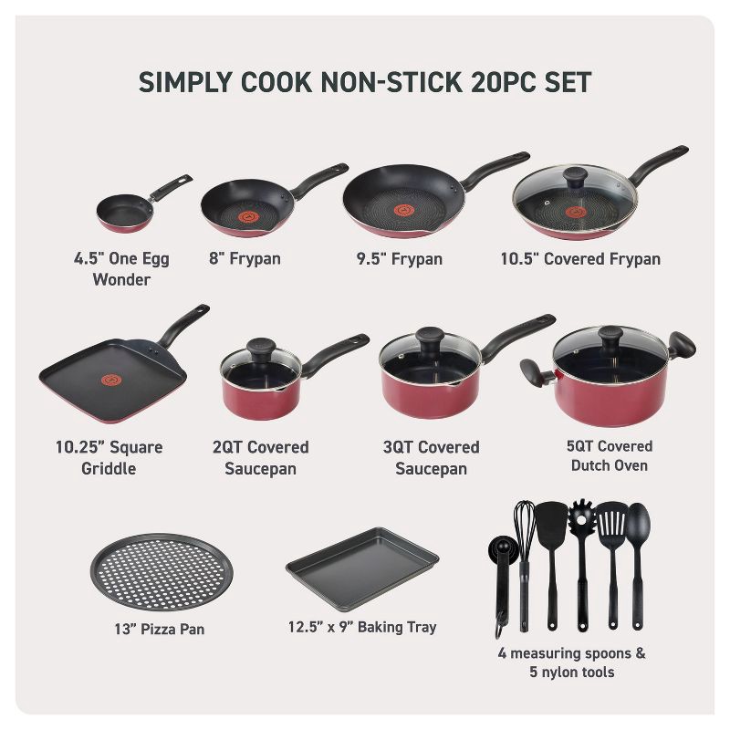 slide 2 of 10, T-Fal 20pc Simply Cook Nonstick Cookware Set Red: Skillet & Pan Set, Glass Lids, Dishwasher & Oven Safe, Ergonomic Handles, 20 ct