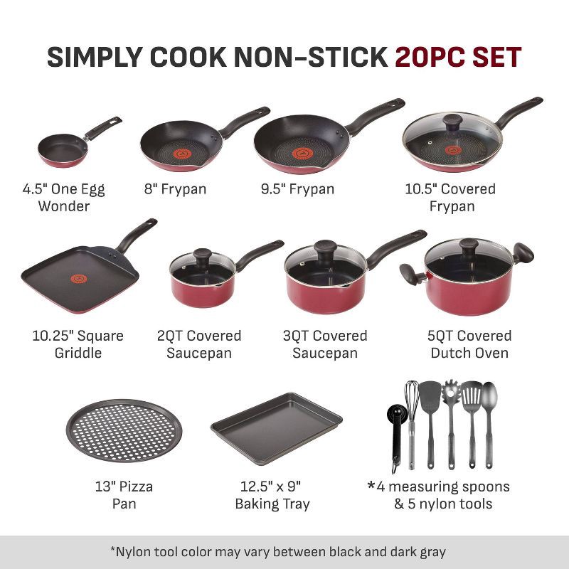 slide 2 of 12, T-Fal 20pc Simply Cook Nonstick Cookware Set Red: Skillet & Pan Set, Glass Lids, Dishwasher & Oven Safe, Ergonomic Handles, 20 ct