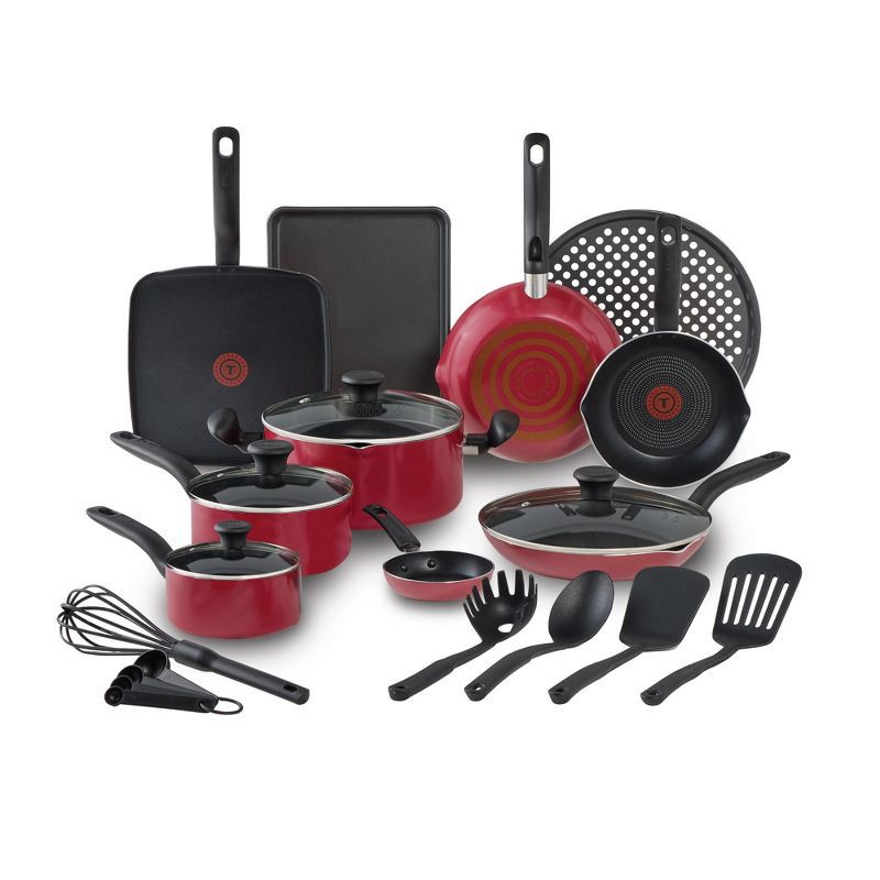 slide 1 of 12, T-Fal 20pc Simply Cook Nonstick Cookware Set Red: Skillet & Pan Set, Glass Lids, Dishwasher & Oven Safe, Ergonomic Handles, 20 ct