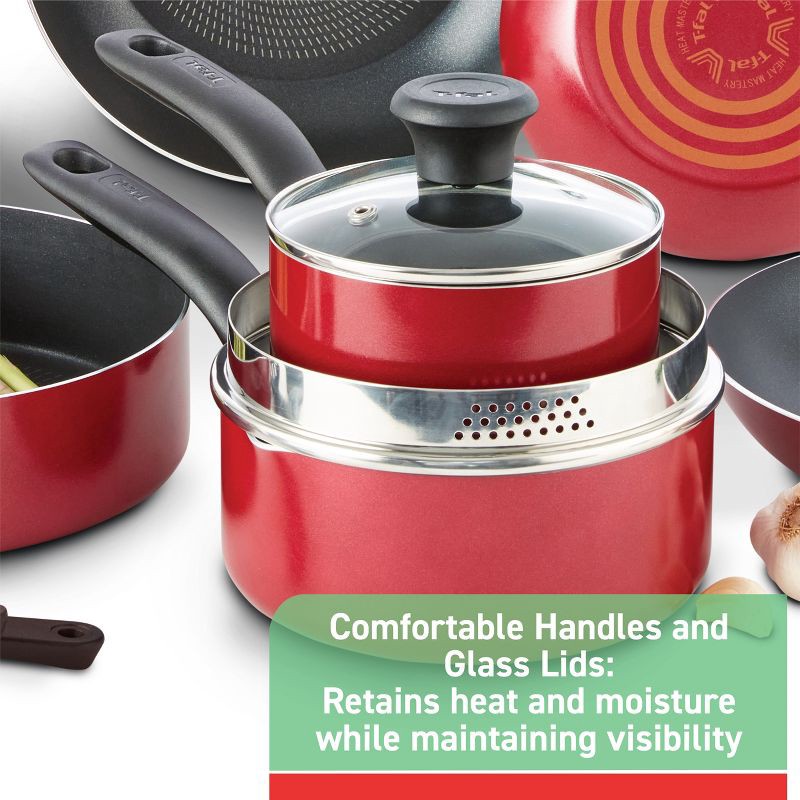 slide 5 of 10, T-Fal 20pc Simply Cook Nonstick Cookware Set Red: Skillet & Pan Set, Glass Lids, Dishwasher & Oven Safe, Ergonomic Handles, 20 ct