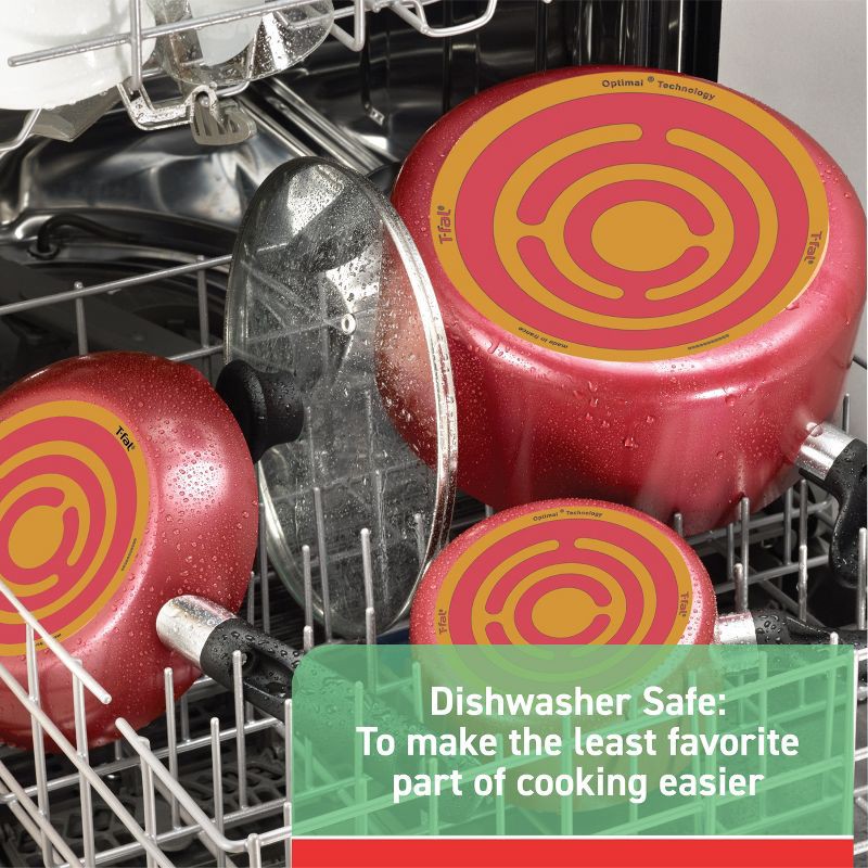 slide 8 of 10, T-Fal 20pc Simply Cook Nonstick Cookware Set Red: Skillet & Pan Set, Glass Lids, Dishwasher & Oven Safe, Ergonomic Handles, 20 ct
