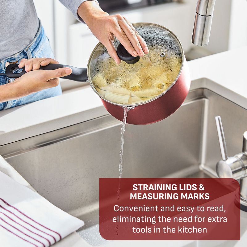 slide 8 of 12, T-Fal 20pc Simply Cook Nonstick Cookware Set Red: Skillet & Pan Set, Glass Lids, Dishwasher & Oven Safe, Ergonomic Handles, 20 ct