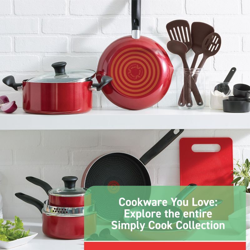 slide 10 of 10, T-Fal 20pc Simply Cook Nonstick Cookware Set Red: Skillet & Pan Set, Glass Lids, Dishwasher & Oven Safe, Ergonomic Handles, 20 ct