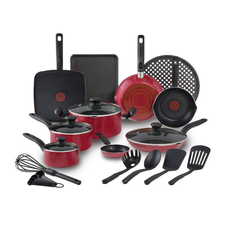 slide 1 of 10, T-Fal 20pc Simply Cook Nonstick Cookware Set Red: Skillet & Pan Set, Glass Lids, Dishwasher & Oven Safe, Ergonomic Handles, 20 ct
