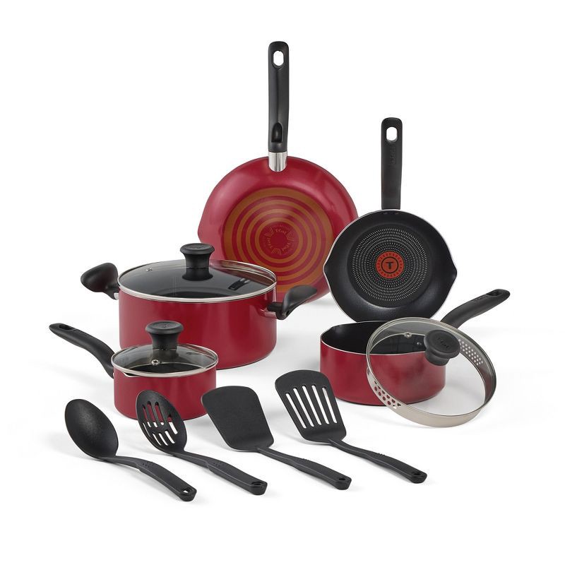 slide 1 of 12, T-Fal 12pc Simply Cook Nonstick Cookware Set Red: Aluminum, Ergonomic Handles, Tempered Glass Lids, Oven-Safe to 350°F, 12 ct