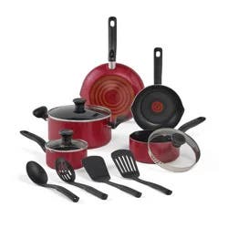 T-Fal 12pc Simply Cook Nonstick Cookware Set Red: Aluminum, Ergonomic Handles, Tempered Glass Lids, Oven-Safe to 350°F