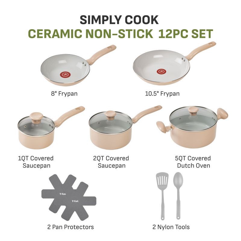 slide 2 of 11, T-Fal 12pc Simply Cook Ceramic Cookware Set Beige: Nonstick Pots & Pans, Tempered Glass Lids, Ergonomic Handles, 12 ct