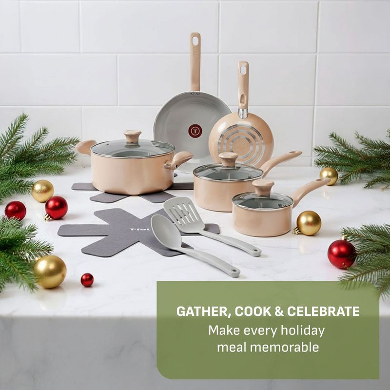 slide 3 of 11, T-Fal 12pc Simply Cook Ceramic Cookware Set Beige: Nonstick Pots & Pans, Tempered Glass Lids, Ergonomic Handles, 12 ct