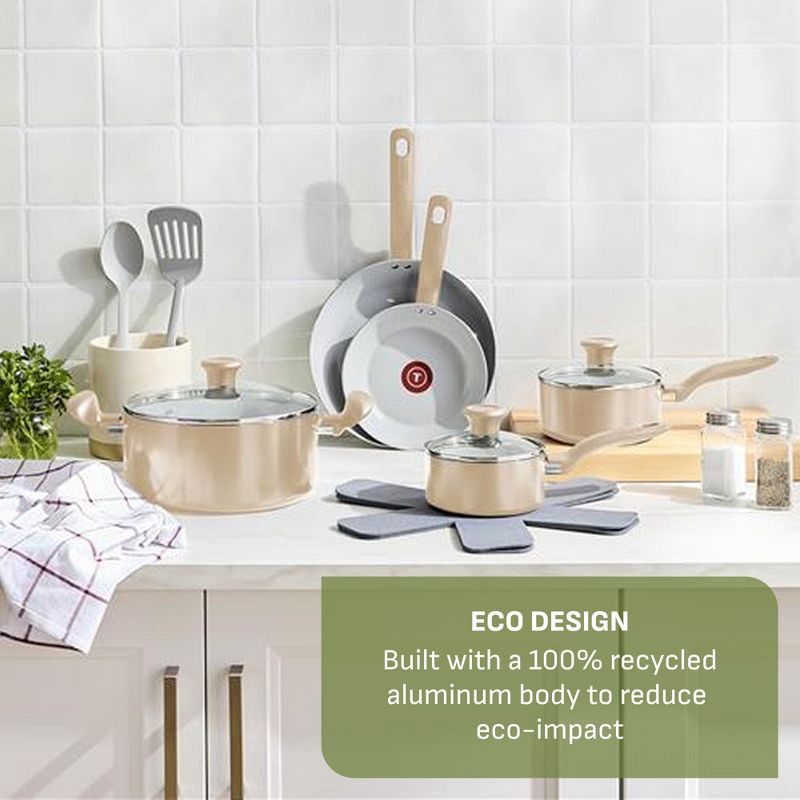 slide 4 of 11, T-Fal 12pc Simply Cook Ceramic Cookware Set Beige: Nonstick Pots & Pans, Tempered Glass Lids, Ergonomic Handles, 12 ct
