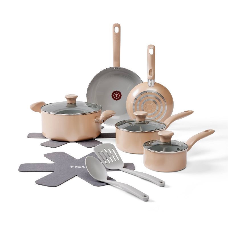 slide 1 of 11, T-Fal 12pc Simply Cook Ceramic Cookware Set Beige: Nonstick Pots & Pans, Tempered Glass Lids, Ergonomic Handles, 12 ct