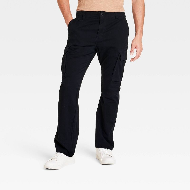 slide 1 of 3, Men's Straight Fit Cargo Pants - Goodfellow & Co™ Black 36x34: Midweight Cotton Blend, Stretch, Fly Button and Zipper, 1 ct