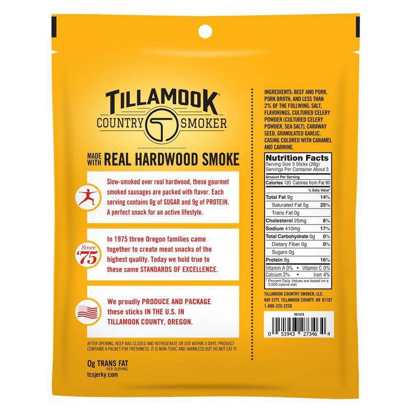slide 2 of 5, Tillamook Country Smoker Zero Sugar Original Smoked Sausages Sticks - 3oz, 3 oz