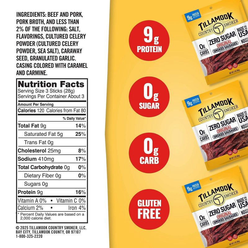 slide 3 of 5, Tillamook Country Smoker Zero Sugar Original Smoked Sausages Sticks - 3oz, 3 oz