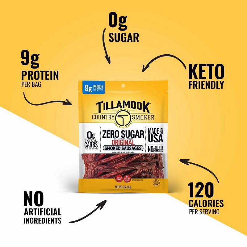 slide 5 of 5, Tillamook Country Smoker Zero Sugar Original Smoked Sausages Sticks - 3oz, 3 oz
