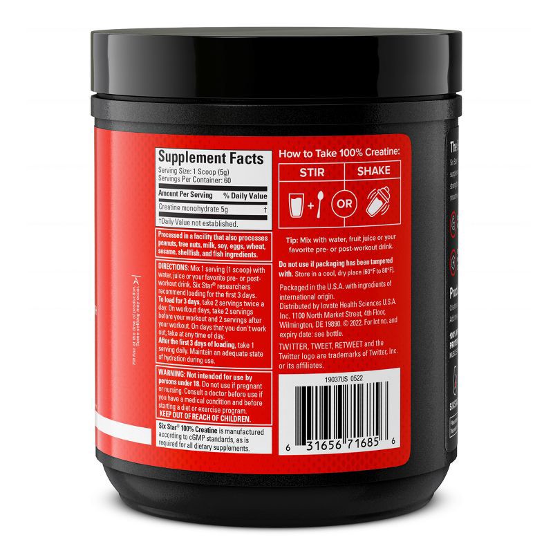 slide 3 of 4, Six Star 100% Unflavored Creatine Sports Nutrition Supplement Powder - 11oz 60 servings: Muscle Growth, Gluten-Free, 11 oz, 60 servings