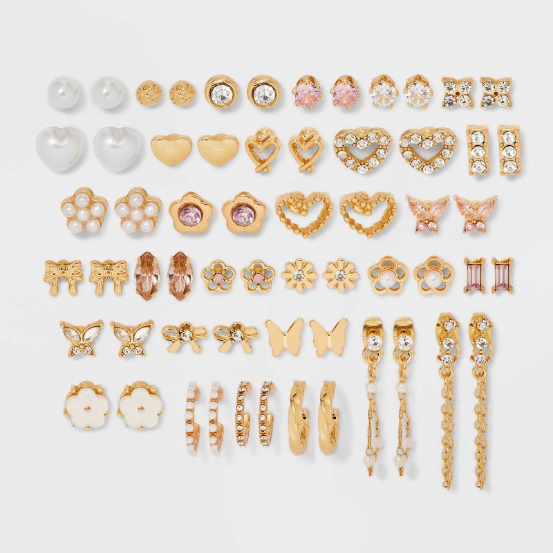 slide 1 of 2, Butterfly Flower Heart Mixed Hoop and Stud Earring Set 30pc - Wild Fable™ Gold: Acrylic, Nickel-Free Metal, 30 ct