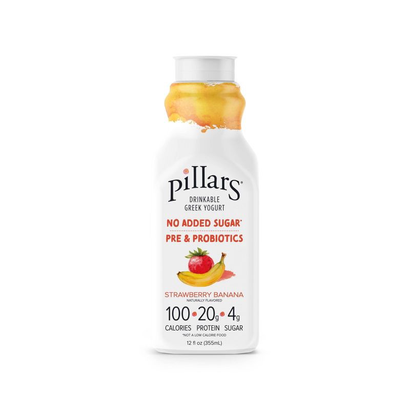 slide 1 of 4, pillars yogurt Pillars Strawberry Banana Greek Yogurt Drink - 20g Protein 12oz, 20 gram, 12 oz