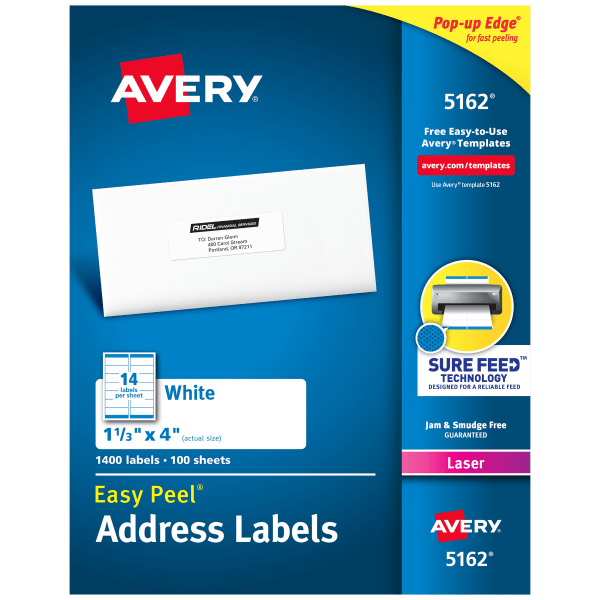 slide 1 of 9, Avery Easy Peel Permanent Laser Address Labels, FSC Certified, White, 1400 ct; 1 1/3 in x 4 in