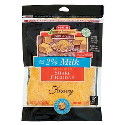 slide 1 of 1, H-E-B 2% Milk Sharp Cheddar Fancy Shredded Cheese, 8 oz