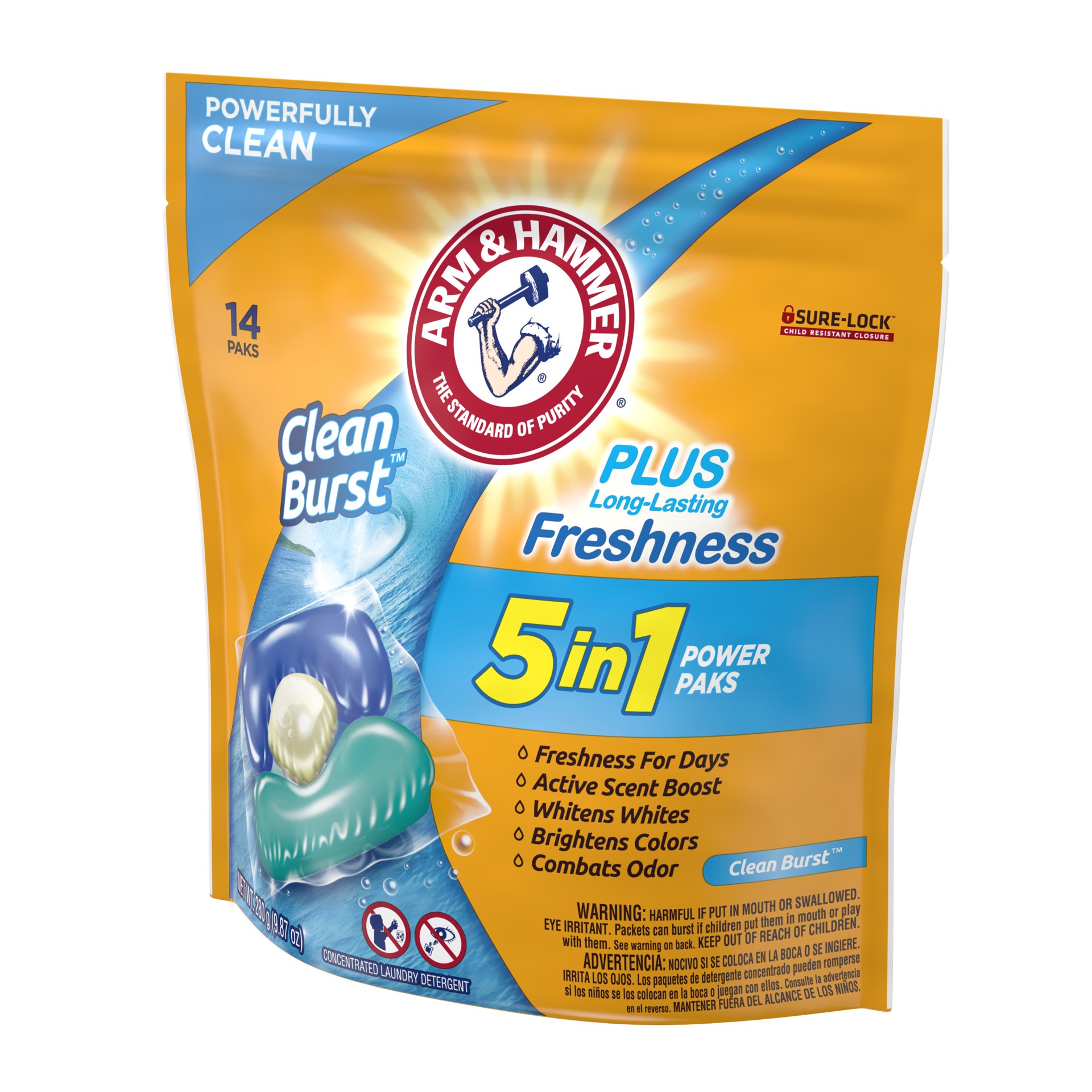 slide 4 of 5, ARM & HAMMER Clean Burst 5-in-1 Laundry Detergent Power Paks, Powerfully Clean, Clean Burst Scent, 14 Count, 14 ct
