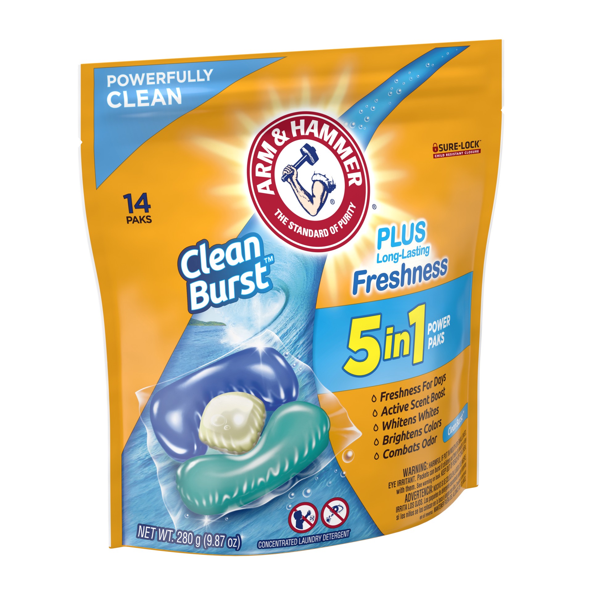 slide 2 of 5, ARM & HAMMER Clean Burst 5-in-1 Laundry Detergent Power Paks, Powerfully Clean, Clean Burst Scent, 14 Count, 14 ct
