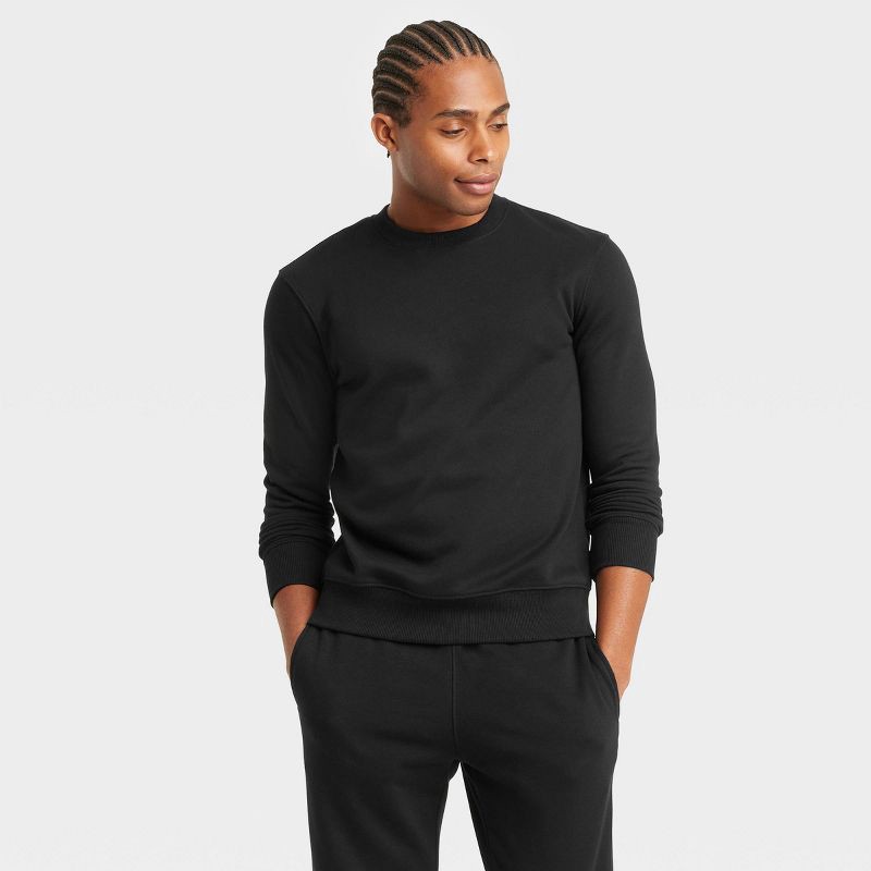 slide 1 of 3, Men's Pullover Sweatshirt - Goodfellow & Co™ Black L: Crew Neck, Midweight, Fleece, Long Sleeve, 1 ct