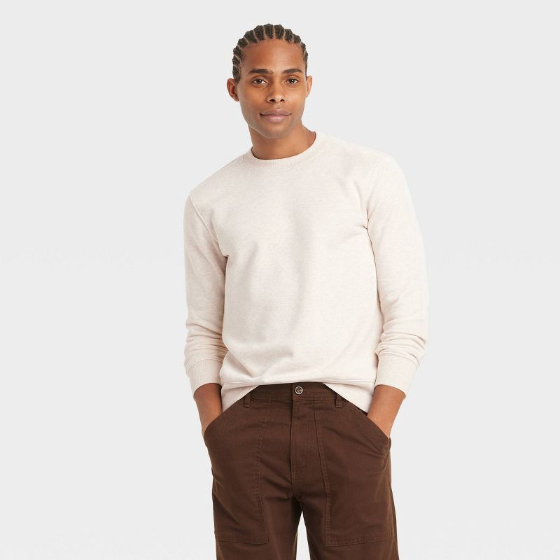 slide 1 of 3, Men's Pullover Sweatshirt - Goodfellow & Co™ Oatmeal XXL: Crew Neck, Midweight, Fleece, Long Sleeve, 1 ct