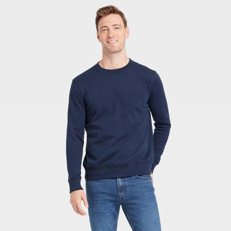 slide 1 of 3, Men's Pullover Sweatshirt - Goodfellow & Co™ Navy Blue M: Crew Neck, Fleece Fabric, 1 ct