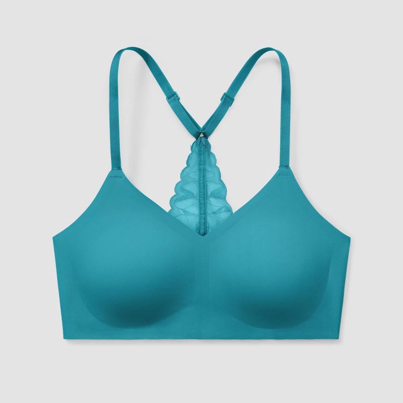 slide 3 of 3, True & Co. Women's Everybody Lace Racerback Bralette - Blue M: Nylon Elastane Blend, V Neck, Adjustable Straps, Light Support, 1 ct