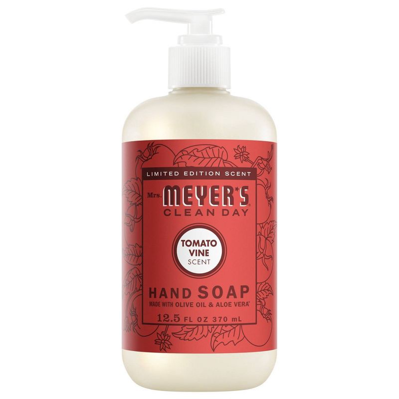 slide 1 of 8, Mrs. Meyer's Clean Day Tomato Vine Hand Soap - 12.5 fl oz: Liquid, Pump Bottle, With Aloe, Paraben-Free, 12.5 fl oz