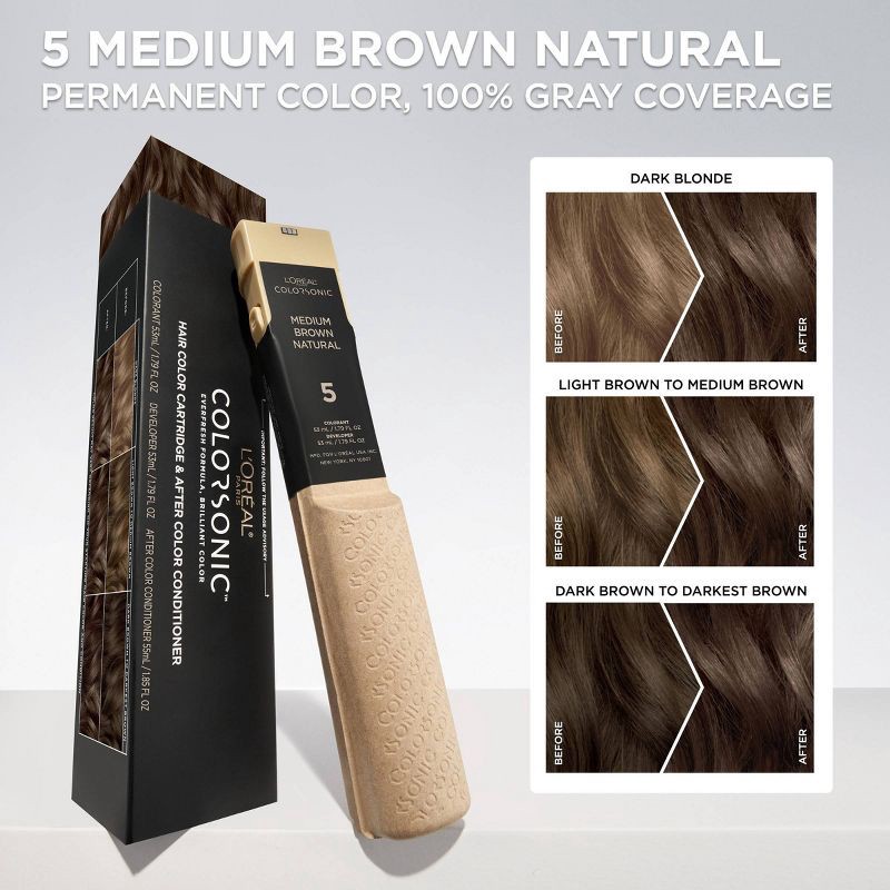 slide 3 of 11, L'Oreal Paris Colorsonic Ammonia Free Permanent Hair Color Cartridge - Device Sold Separately - Medium Brown Natural 5, 1 ct