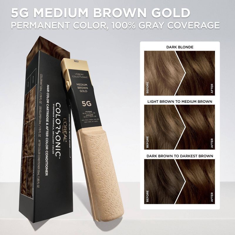 slide 3 of 8, L'Oreal Paris Colorsonic Ammonia Free Permanent Hair Color Cartridge - Device Sold Separately - Medium Brown Gold 5G, 5 gram