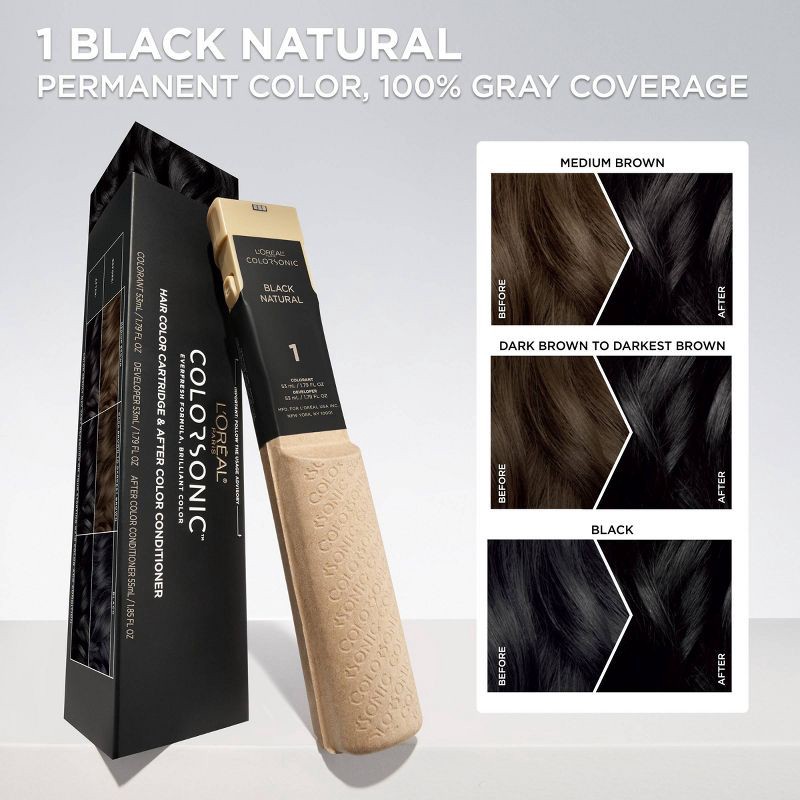 slide 3 of 8, L'Oreal Paris Colorsonic Ammonia Free Permanent Hair Color Cartridge - Device Sold Separately - Black Natural 1, 1 ct