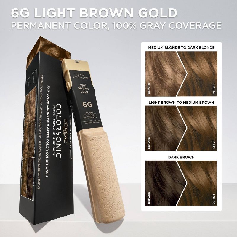 slide 3 of 10, L'Oreal Paris Colorsonic Ammonia Free Permanent Hair Color Cartridge - Device Sold Separately - Light Brown Gold 6G, 6 gram