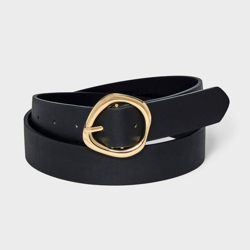slide 1 of 3, Women's Round Sculptural Buckle Belt - A New Day™ Black XL: Solid Pattern, 48" Length, 1 ct