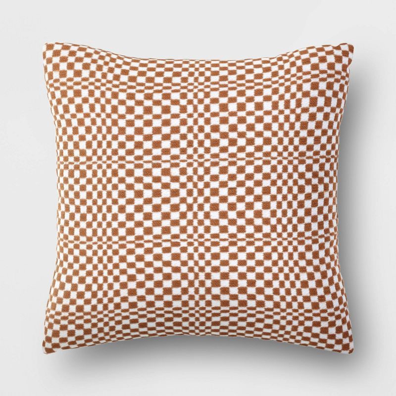 slide 1 of 4, 18"x18" Retro Checker Woven Square Outdoor Throw Pillow Brown - Threshold™, 1 ct
